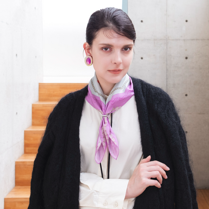 Japanese Printed Silk 'Polka Dot Queen' navy mini scarf with wave ring