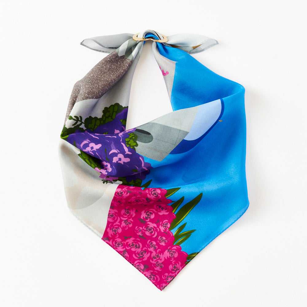 Japanese Printed Silk 'Santorini' blue リング付きミニスカーフ