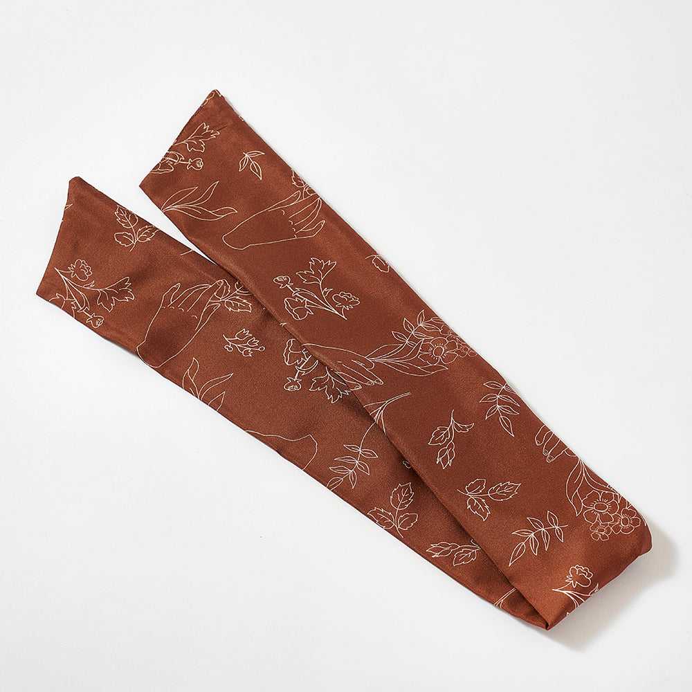 Japanese Printed Silk 'Bouquet' chocolate ヘッドスカーフ/ミニスカーフ
