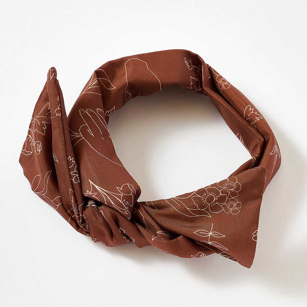 Japanese Printed Silk 'Bouquet' chocolate ヘッドスカーフ/ミニスカーフ