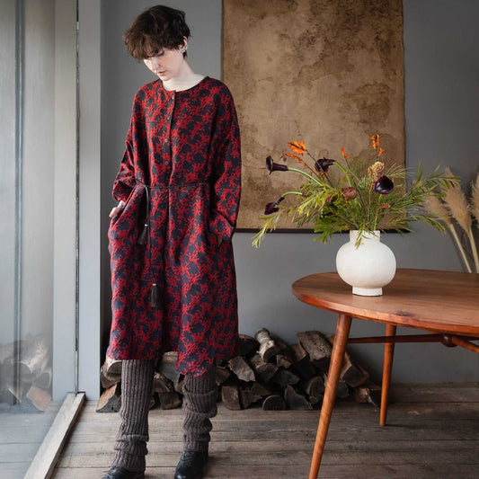 播州織 Japanese Wool/Cotton Jacquard Coat Dress / Red
