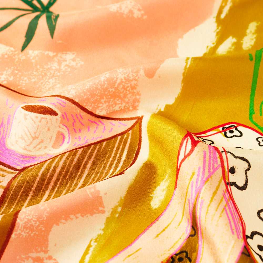 Japanese Printed Silk 'Cafe' pink リング付きミニスカーフ | YARN&COPPER