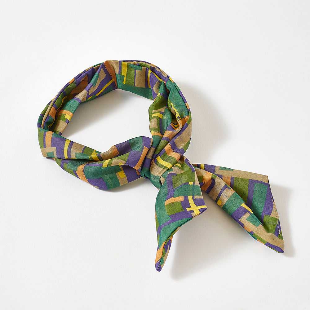 Japanese Printed Silk 'Edgware oxford' green ヘッドスカーフ/ミニスカーフ