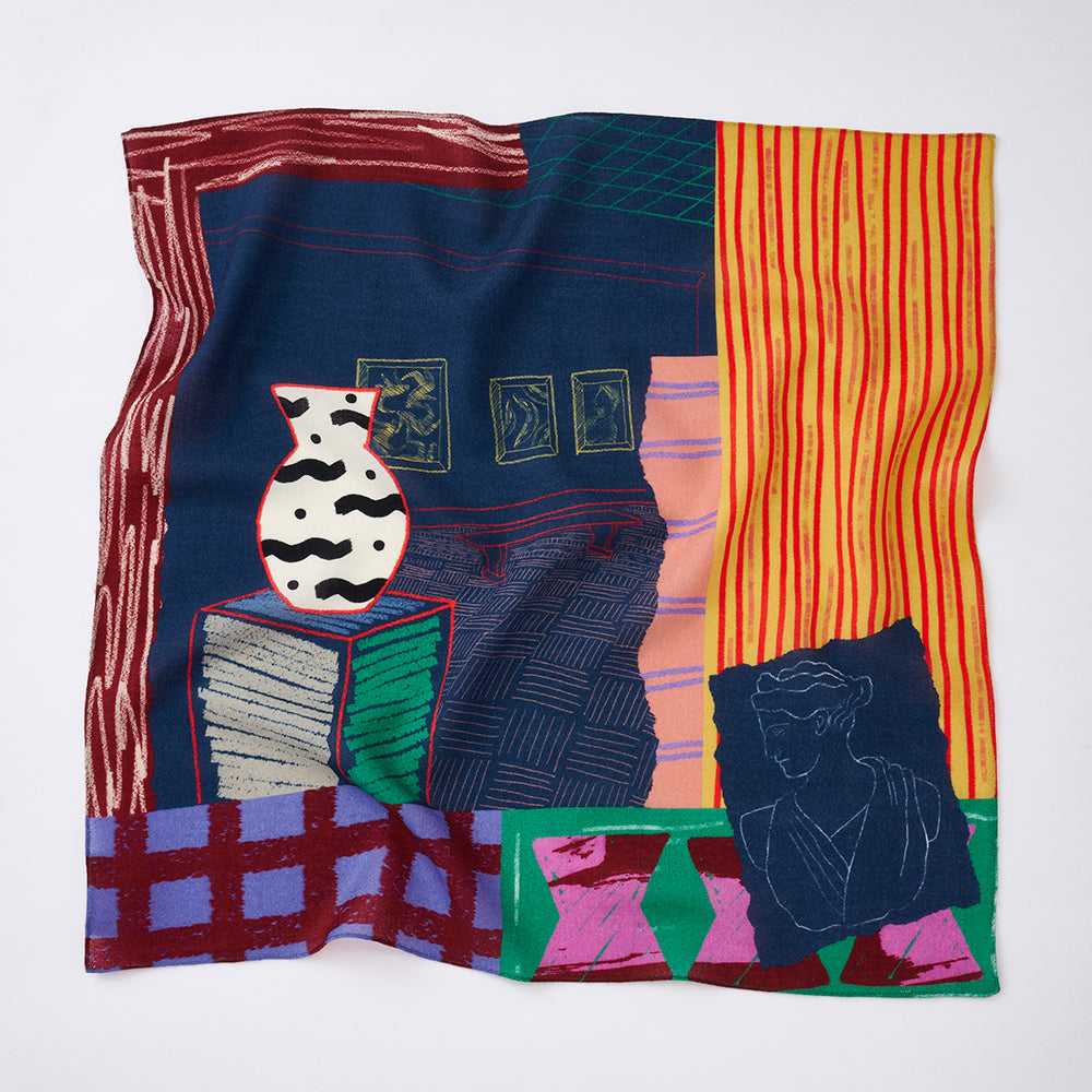 Japanese Merino Wool 'London Gallery' navy/orange リング付きミニスカーフ