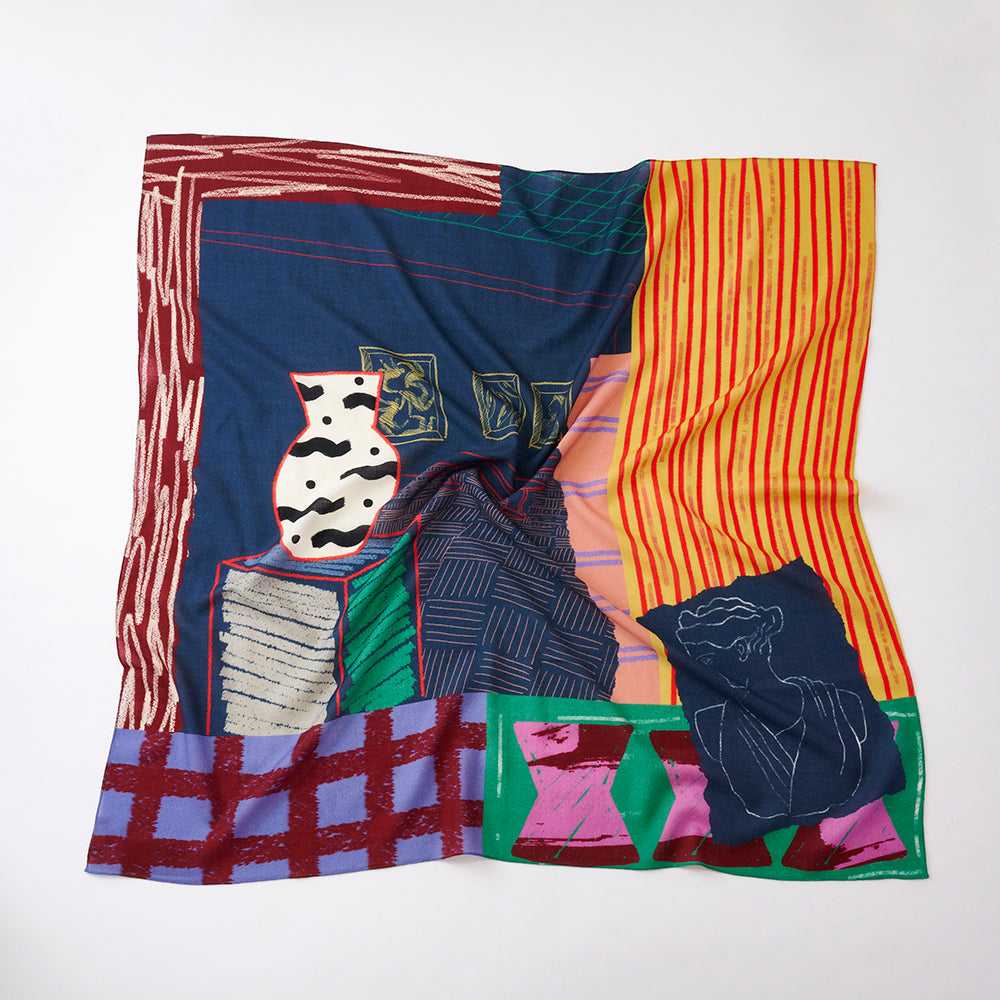Japanese Merino Wool 'London Gallery' navy/orange 正方形スカーフ