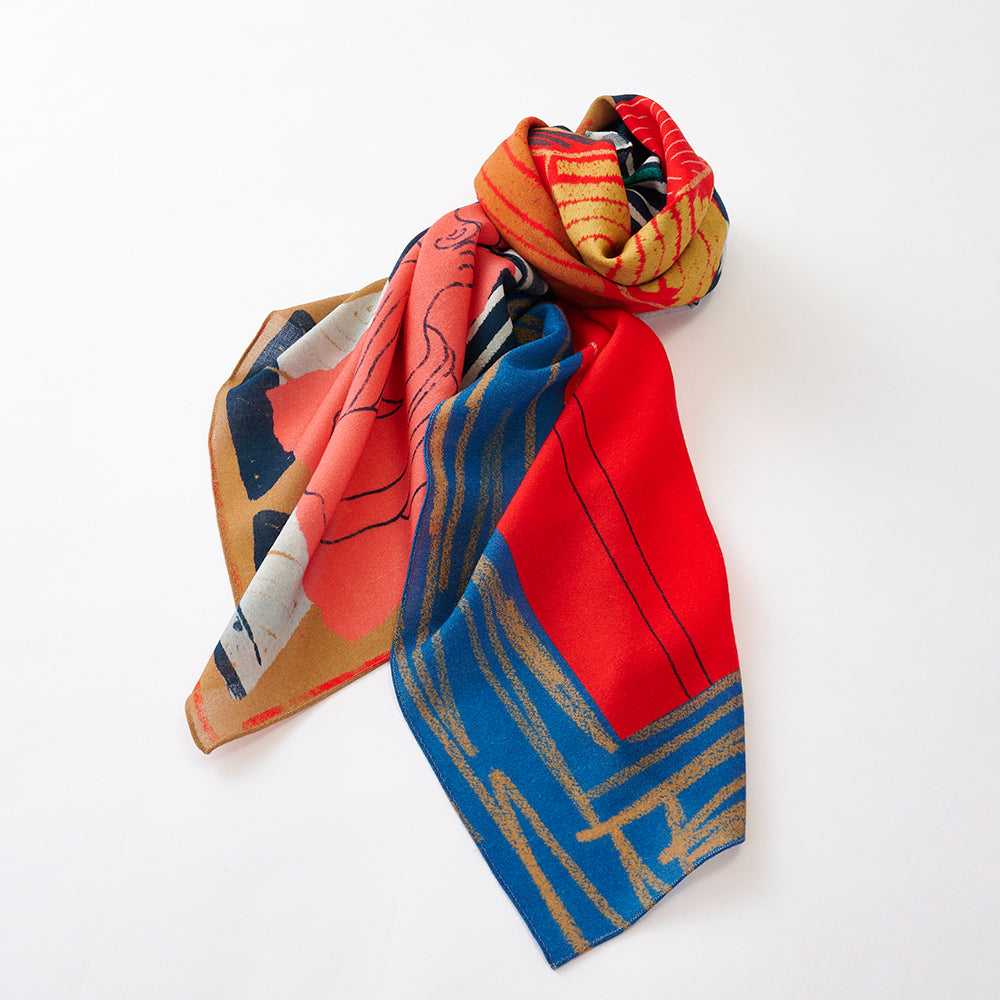 Japanese Merino Wool 'London Gallery' red/navy 正方形スカーフ