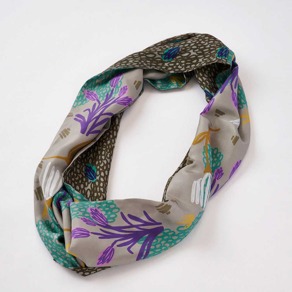 Japanese Printed Silk & Merino Wool 'Lavender Fields' greige ループスカーフ