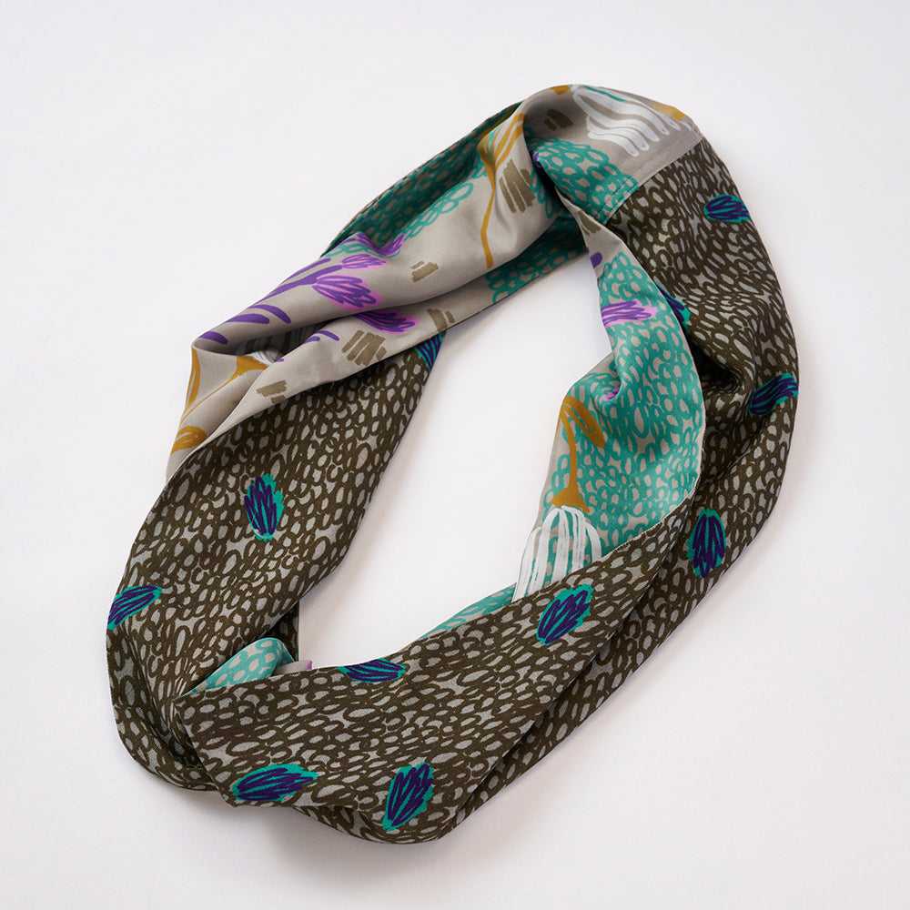 Japanese Printed Silk & Merino Wool 'Lavender Fields' greige ループスカーフ