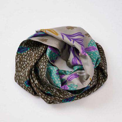 Japanese Printed Silk & Merino Wool 'Lavender Fields' greige ループスカーフ
