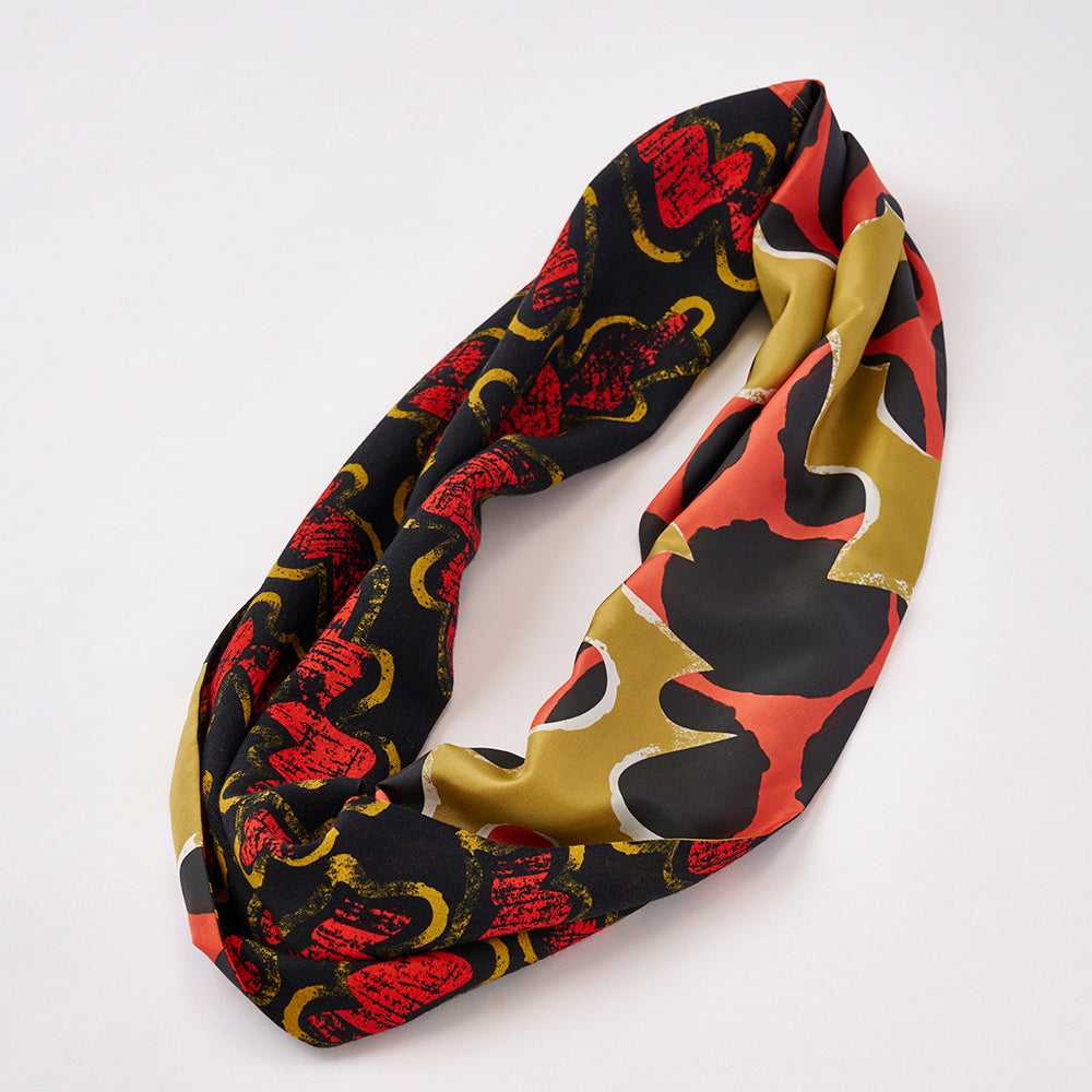 Japanese Printed Silk&Merino Wool 'Easy Sunday' mustard x red ループスカーフ