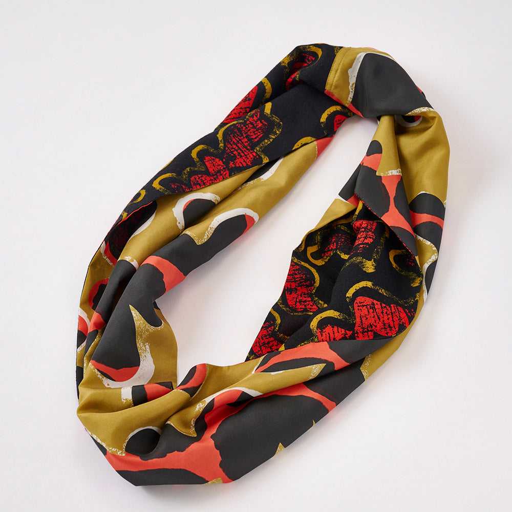 Japanese Printed Silk&Merino Wool 'Easy Sunday' mustard x red ループスカーフ