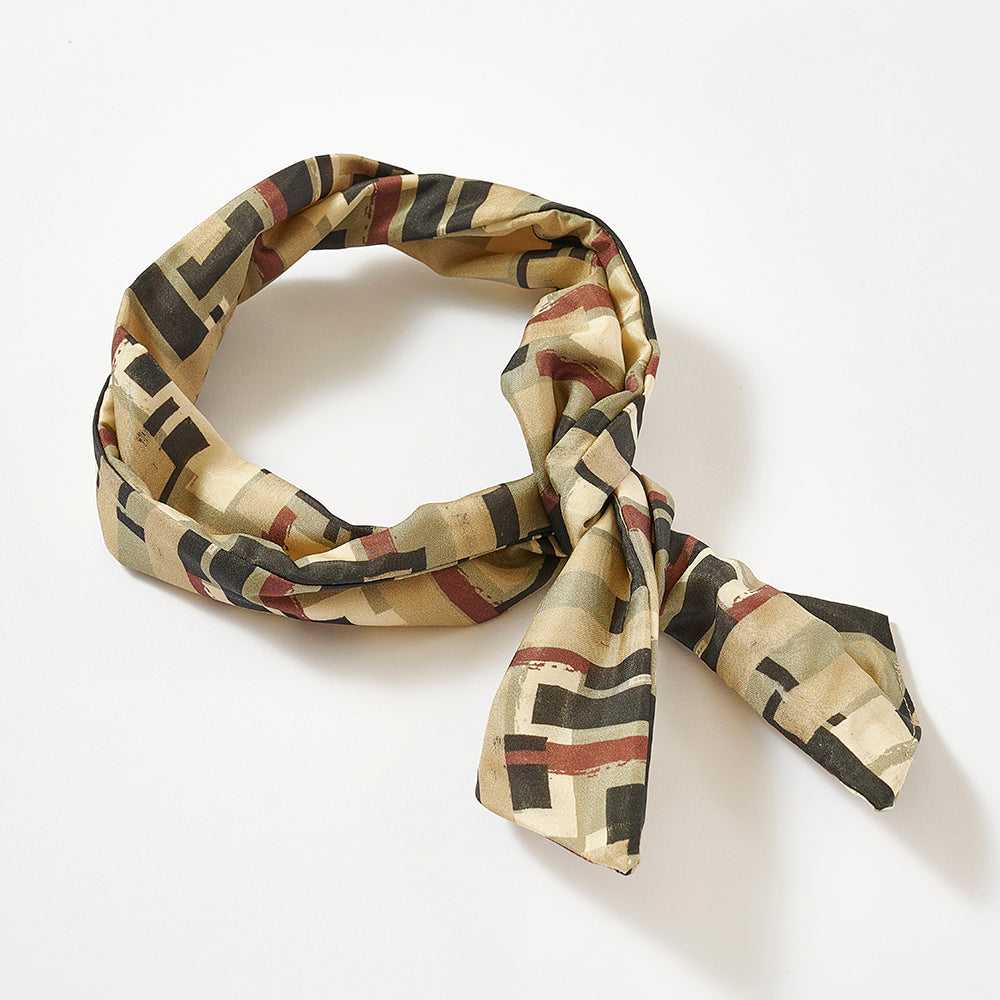 Japanese Printed Silk 'Edgware oxford' greige ヘッドスカーフ/ミニスカーフ