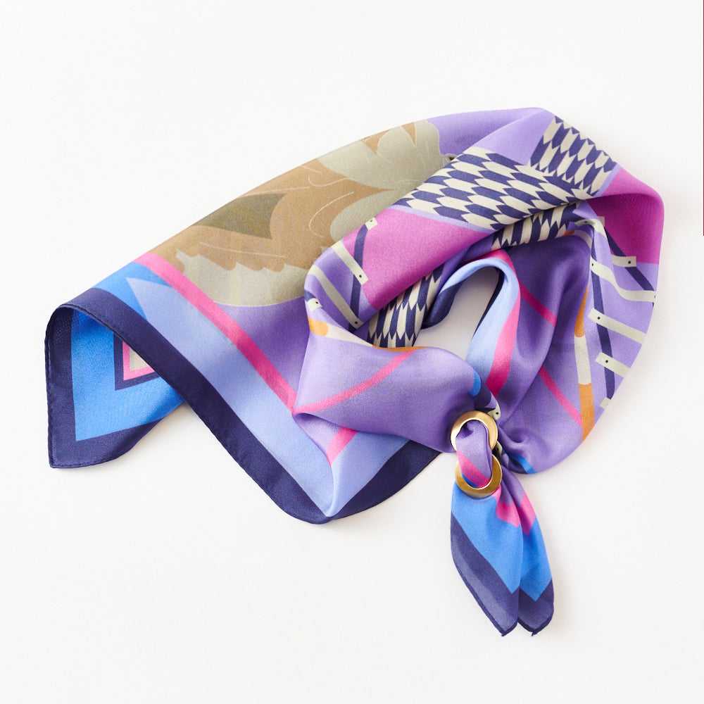 Japanese Printed Silk 'Today's Favorite' purple/blue リング付きミニスカーフ