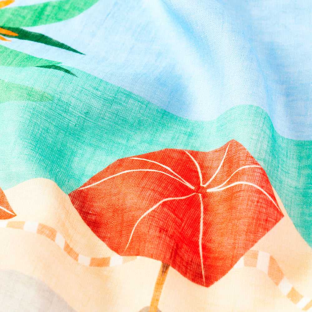 ４月入荷予定 近江リネン Japanese Linen 'Holiday in Paradise' sky blue リング付きミニスカーフ