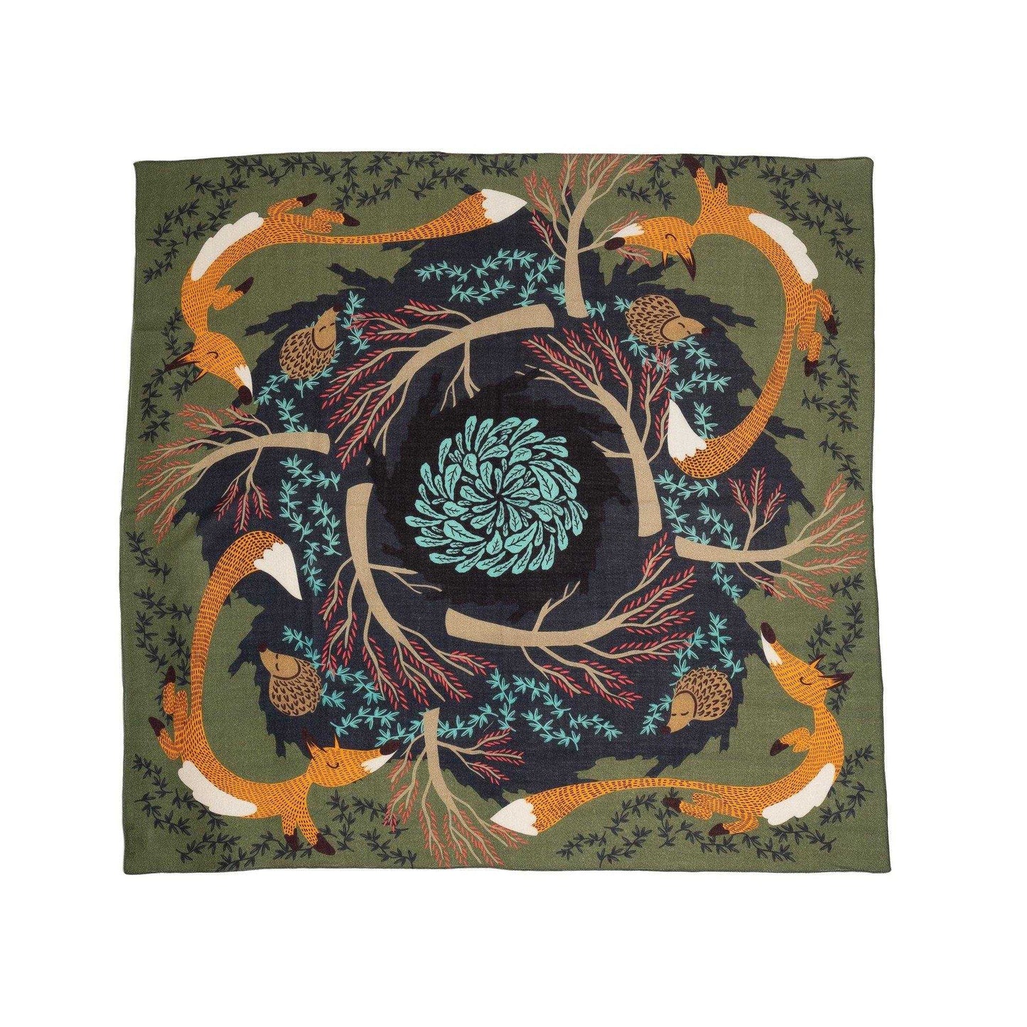 Japanese Merino Wool 'Fox Burrow' green  正方形スカーフ | YARN&COPPER