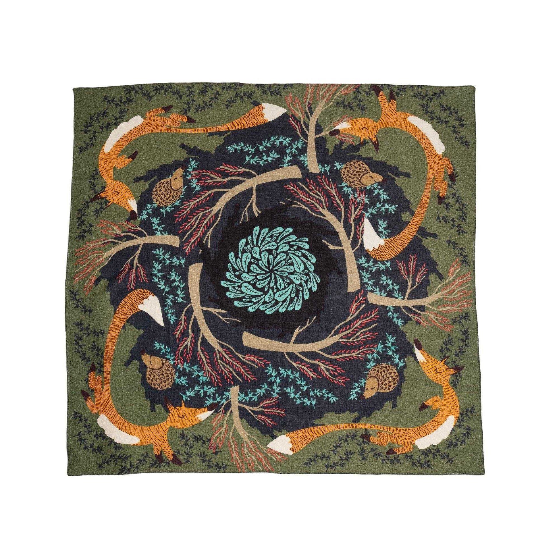 Japanese Merino Wool 'Fox Burrow' green  正方形スカーフ | YARN&COPPER