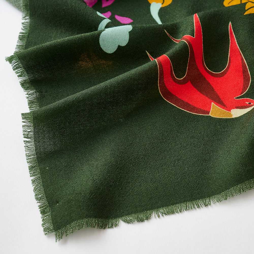 Japanese Merino Wool 'Acorn Tree' dark green 正方形スカーフ