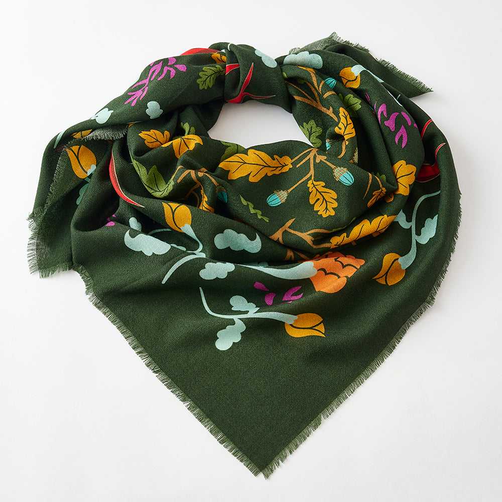 Japanese Merino Wool 'Acorn Tree' dark green 正方形スカーフ