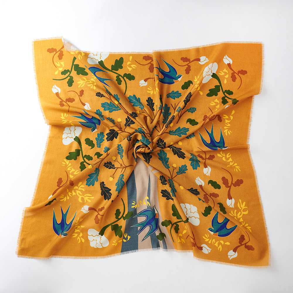 Japanese Merino Wool 'Acorn Tree' golden yellow 正方形スカーフ