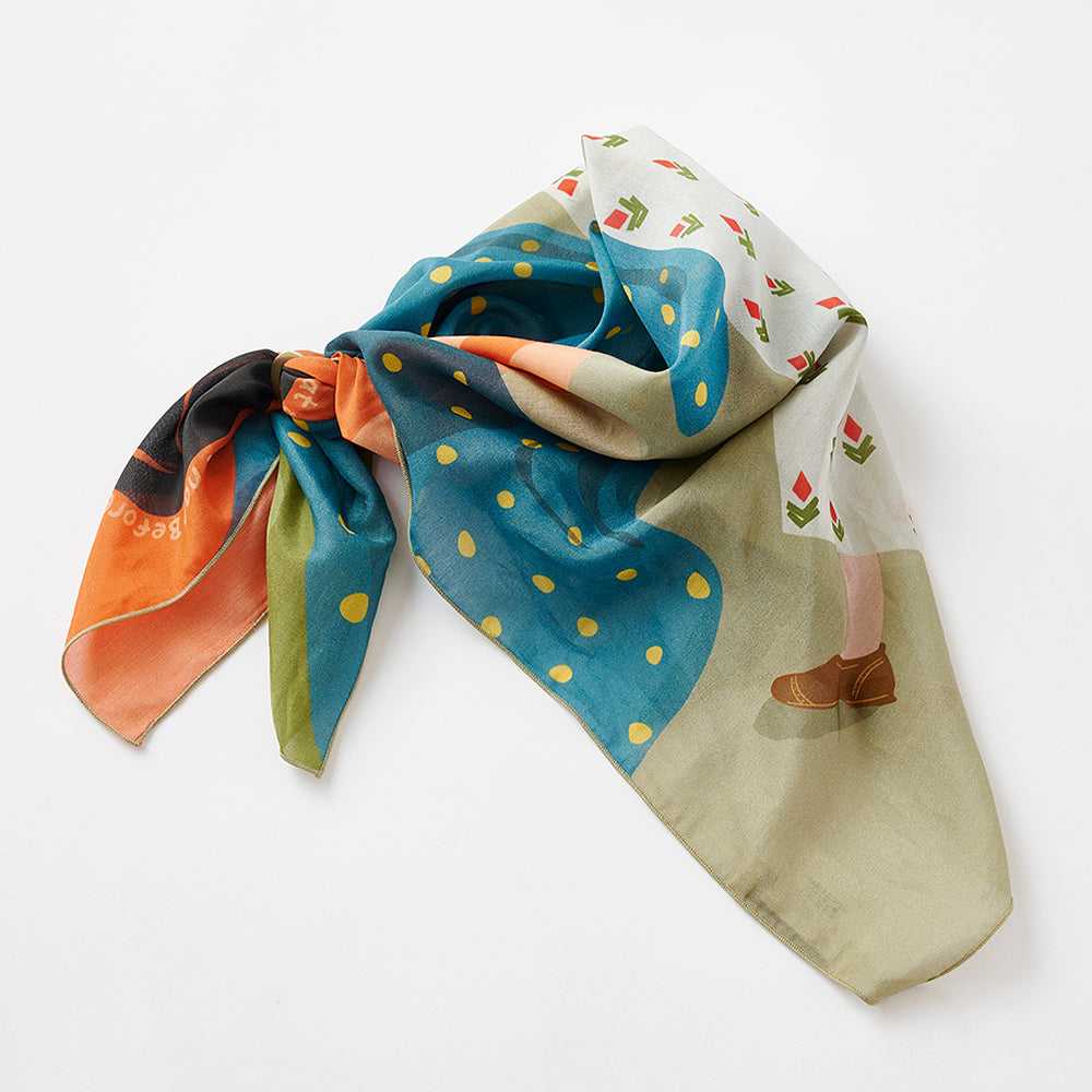 Japanese Printed Silk Cotton 'Luna's Nap' khaki スカーフリング付きミニスカーフ