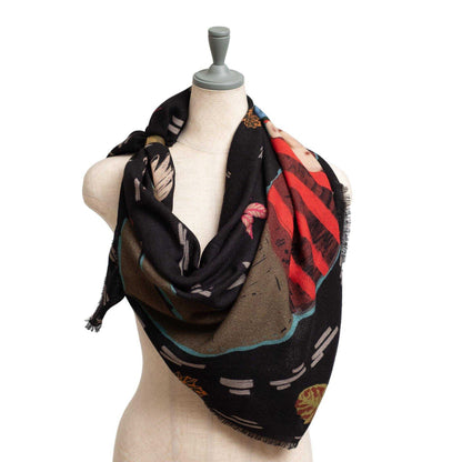 Japanese Merino Wool 'Another Windy Day'  Black 正方形スカーフ