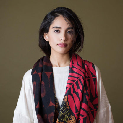 Japanese Printed Silk & Merino Wool 'Harrogate' Autumn Red ループスカーフ