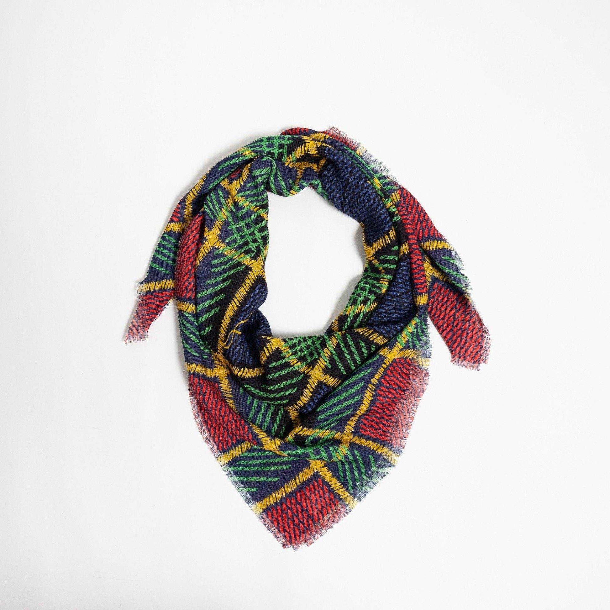 Japanese Merino Wool 'Hersham' blue x red 正方形スカーフ | YARN&COPPER