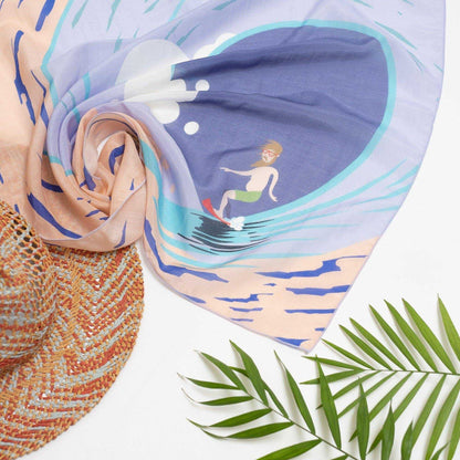 Japanese Printed Silk Cotton 'BIG WAVE' 8リング付きミニスカーフ