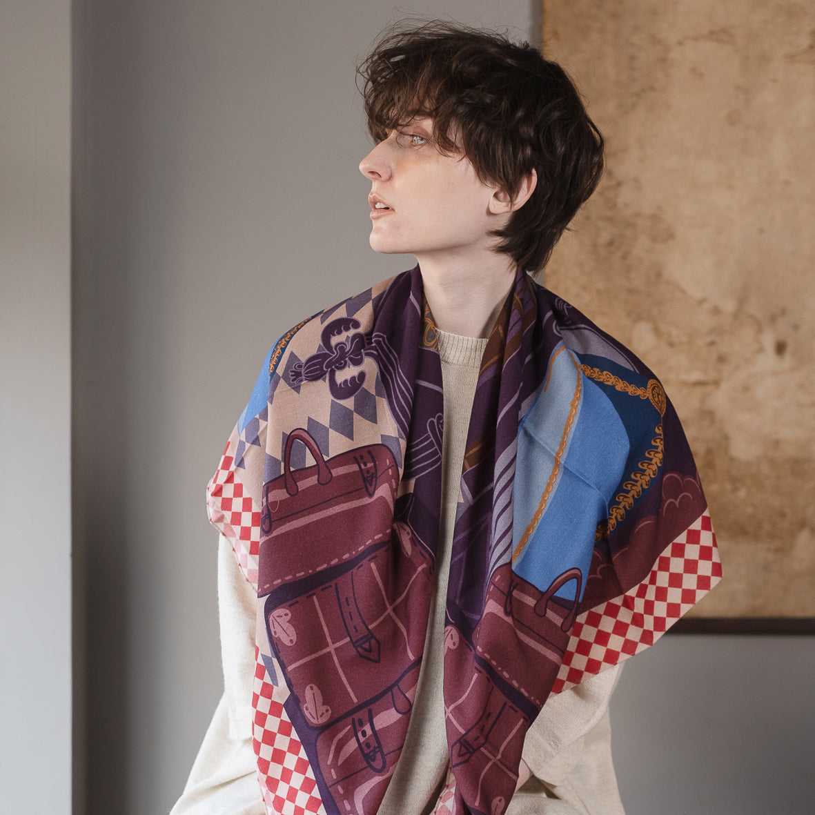 Japanese Merino Wool 'The Bellboy' purple 正方形スカーフ | YARN&COPPER