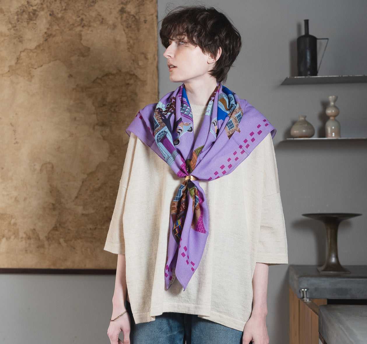 Japanese Merino Wool 'Via Notting Hill' sunset 正方形スカーフ