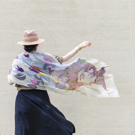 近江リネン Japanese Linen 'Paint	 Panthers & Portraits' Beige ロングストール