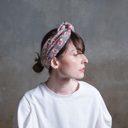 Japanese Printed Silk headband 'Victorian Paisley' stone grey ヘッドスカーフ