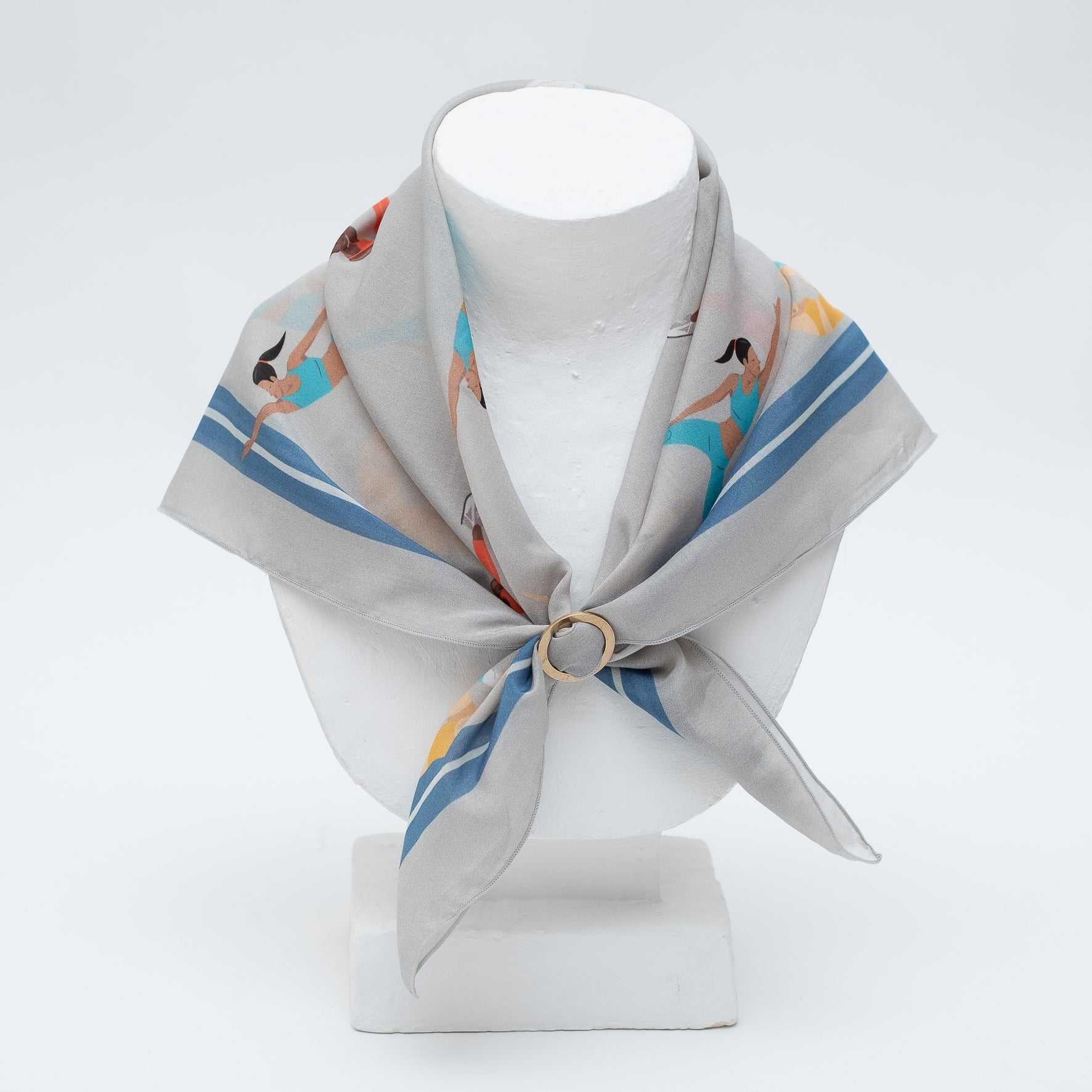 Japanese Printed Silk Cotton 'Work Out' grey スカーフリング付きミニスカーフ