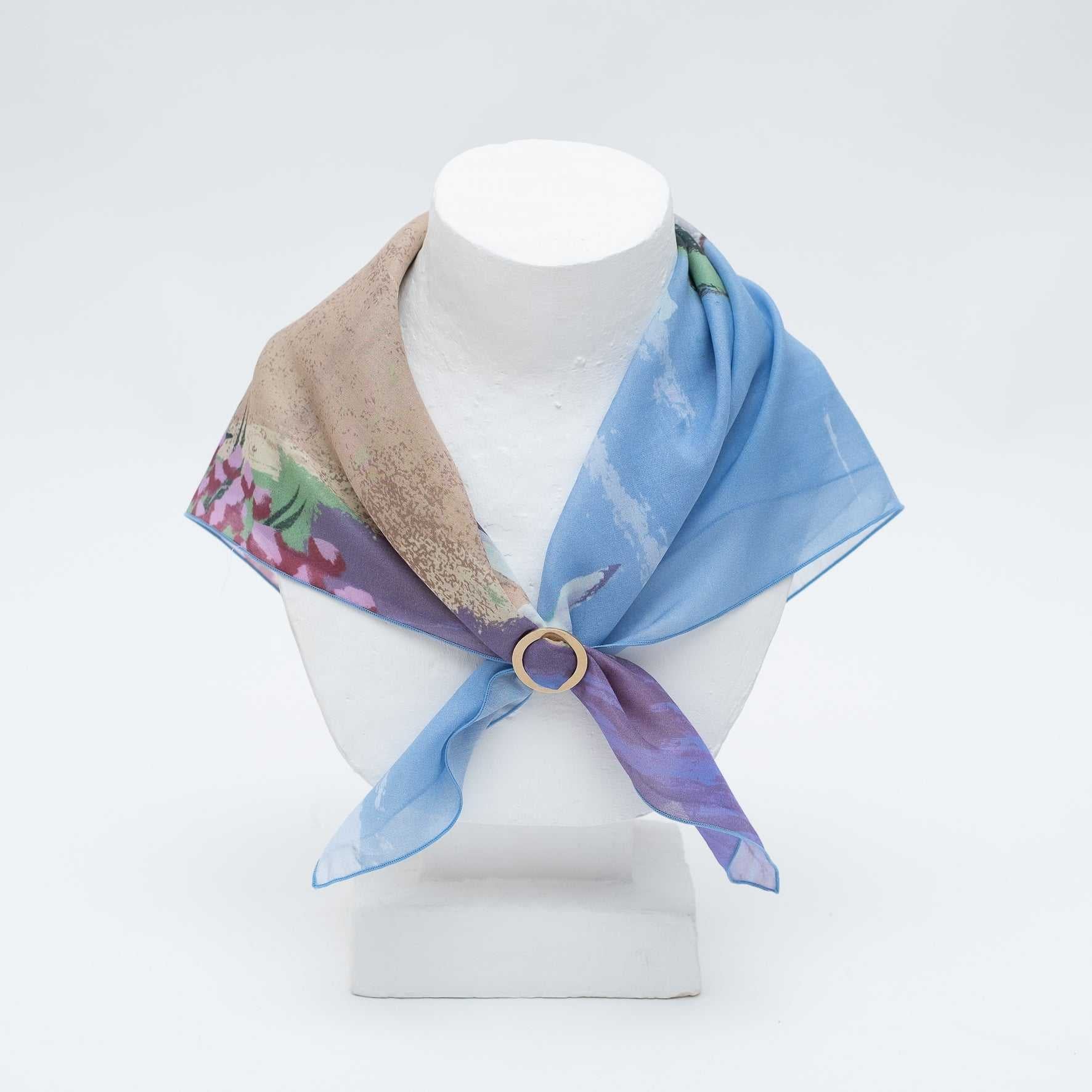 Japanese Printed Silk Cotton 'Coastal Birds' スカーフリング付きミニスカーフ