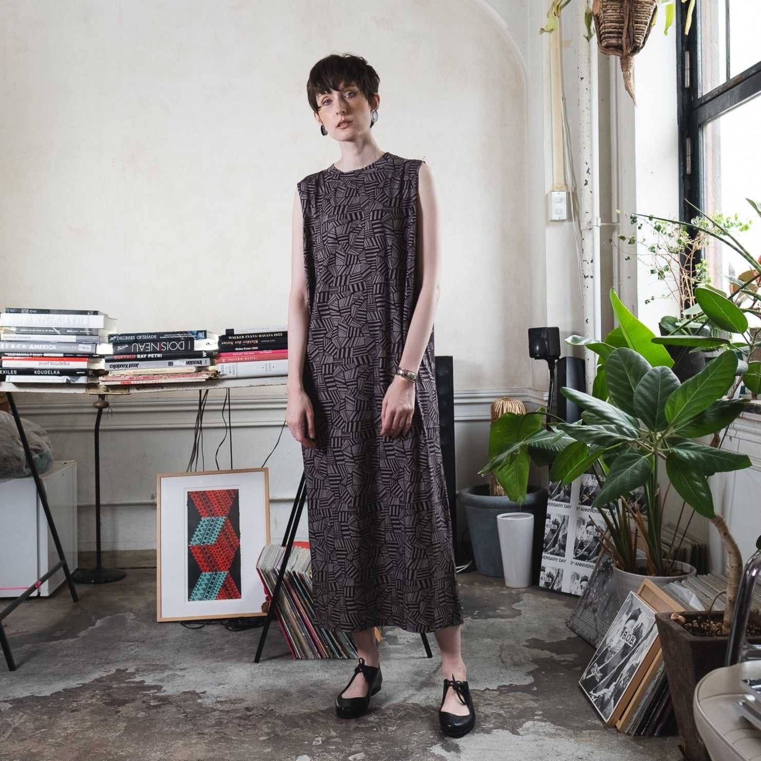 Japanese Printed Organic Cotton 'Belgravia' dark grey タンクドレス