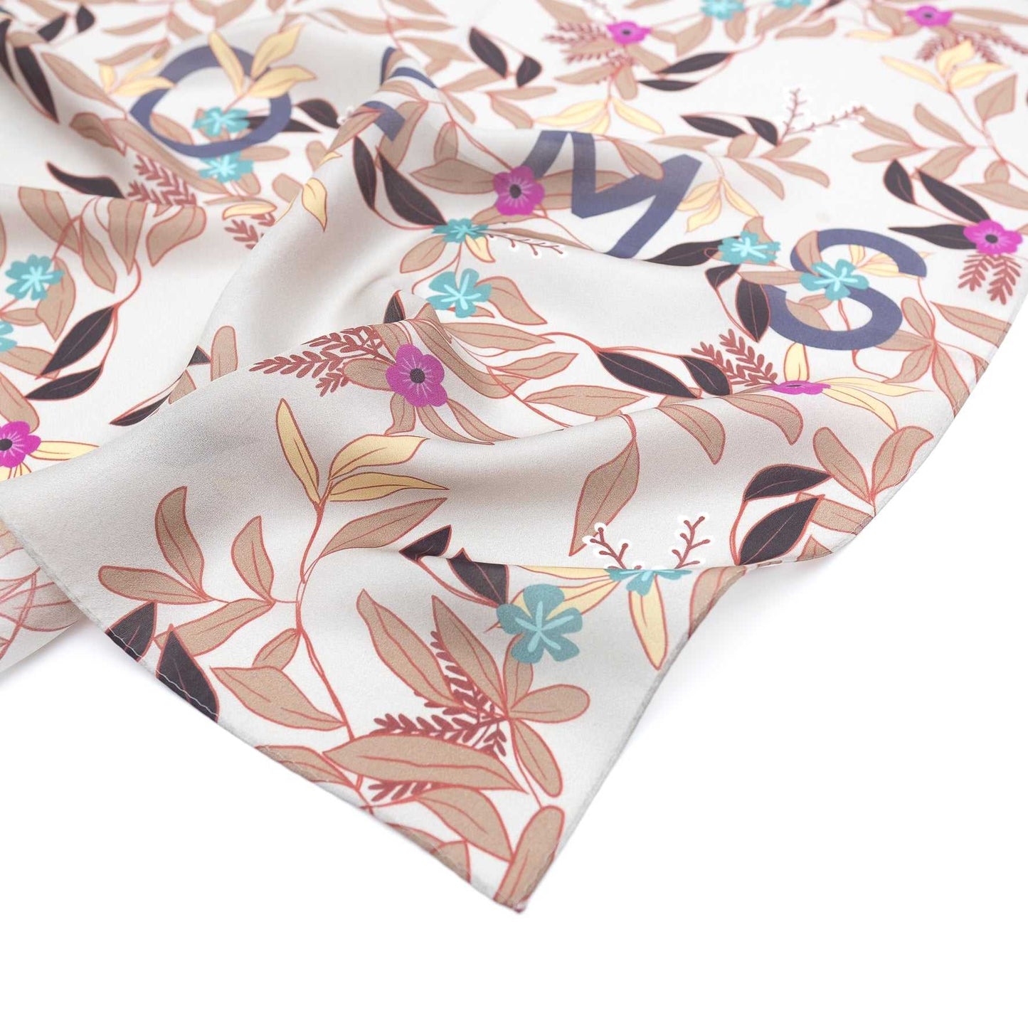 Japanese Printed Silk  'POEM' greige  ウェーブリング付きミニスカーフ