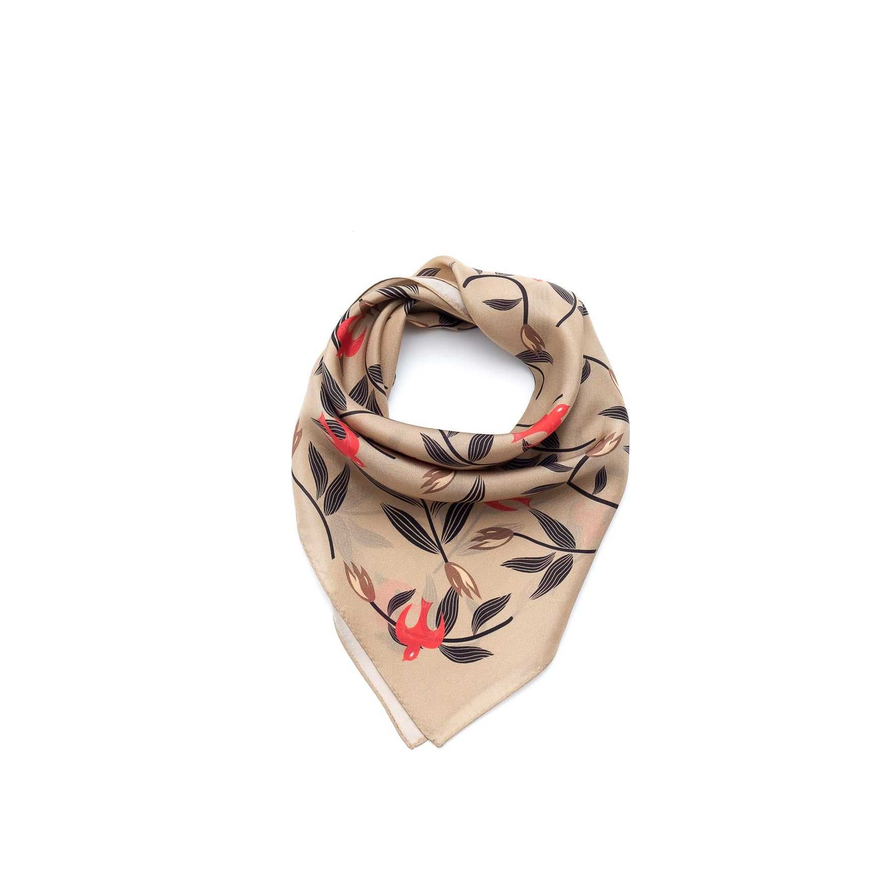Japanese Printed Silk 'Gypsy Rose' beige  ウェーブリング付きミニスカーフ