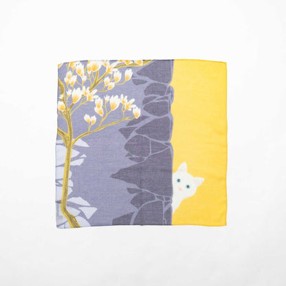 Japanese Printed TAKEFU 'Magnolia' yellow スカーフリング付きミニスカーフ