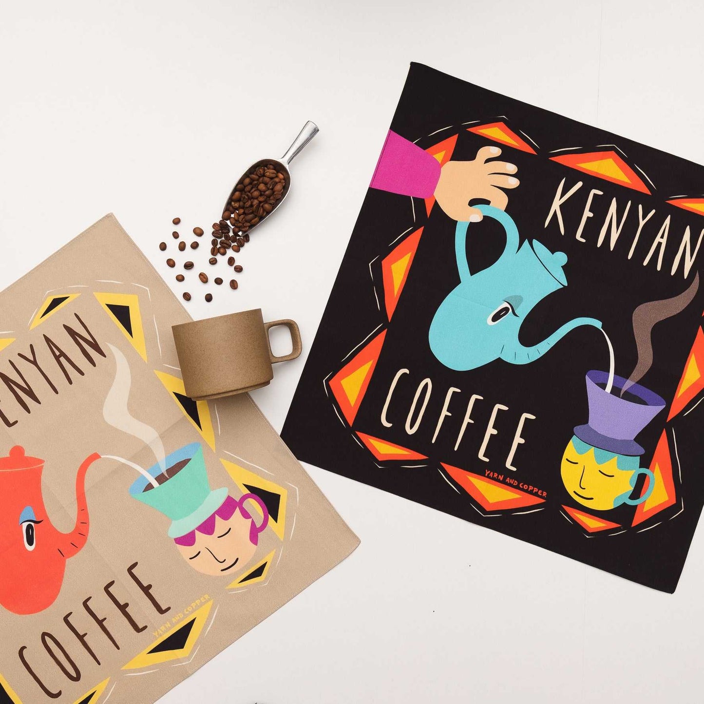 Organic cotton 'Kenyan Coffee' Black & Latte brown ハンカチ/ポケットチーフ