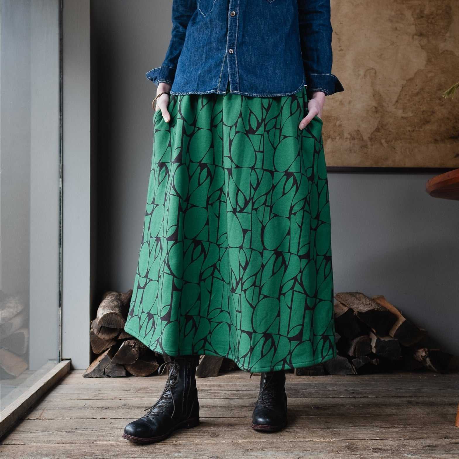 裏起毛 Japanese Printed オーガニックコットンギャザースカート 'Halsham' green