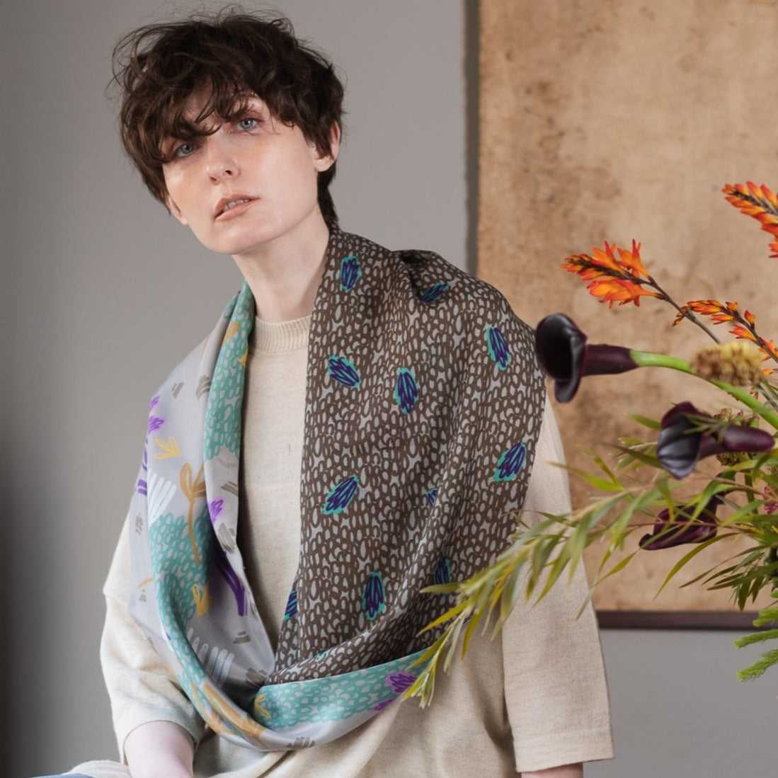 Japanese Printed Silk & Merino Wool 'Lavender Fields' greige ループスカーフ
