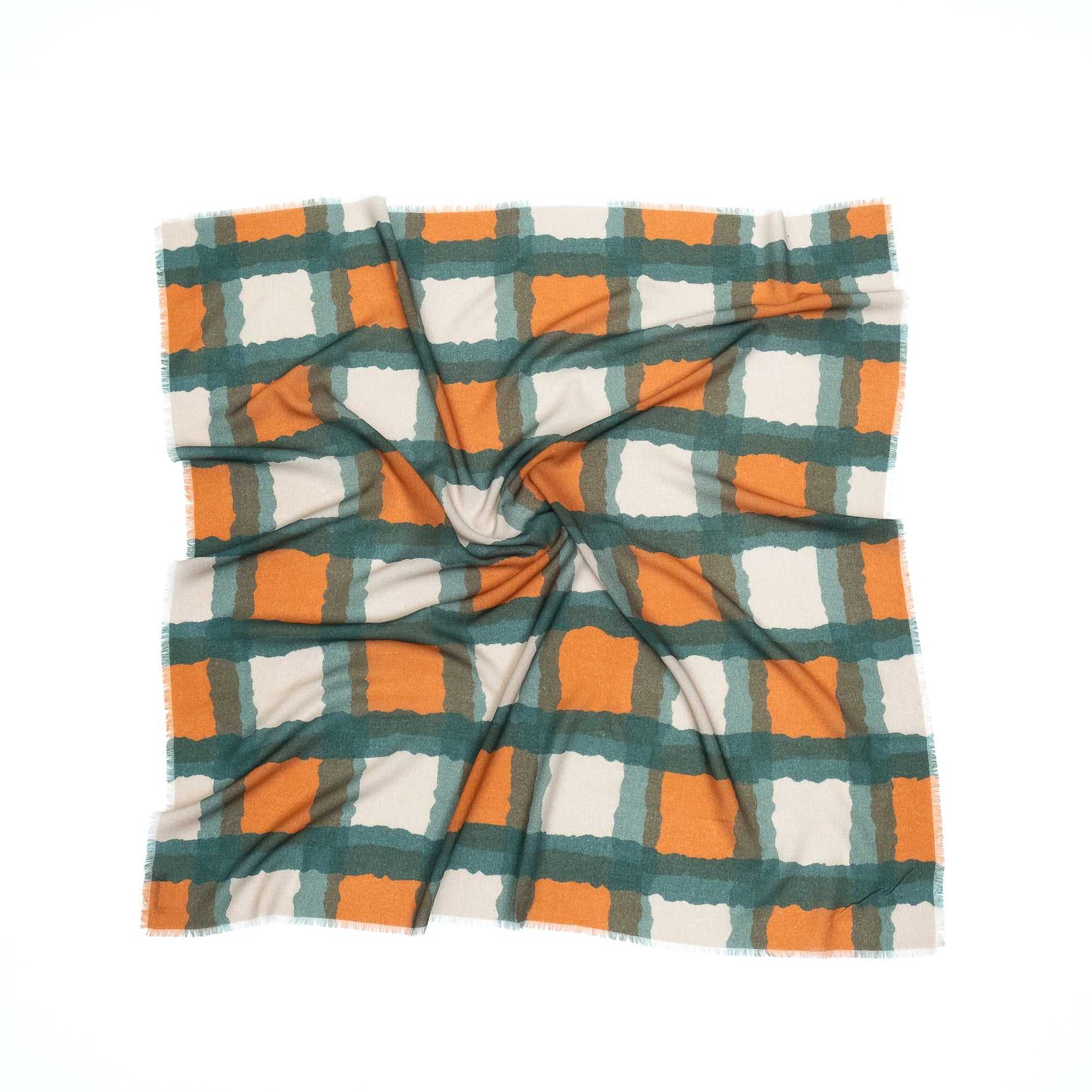 Japanese Merino Wool 'Torn Tartan' orange 正方形スカーフ | YARN&COPPER
