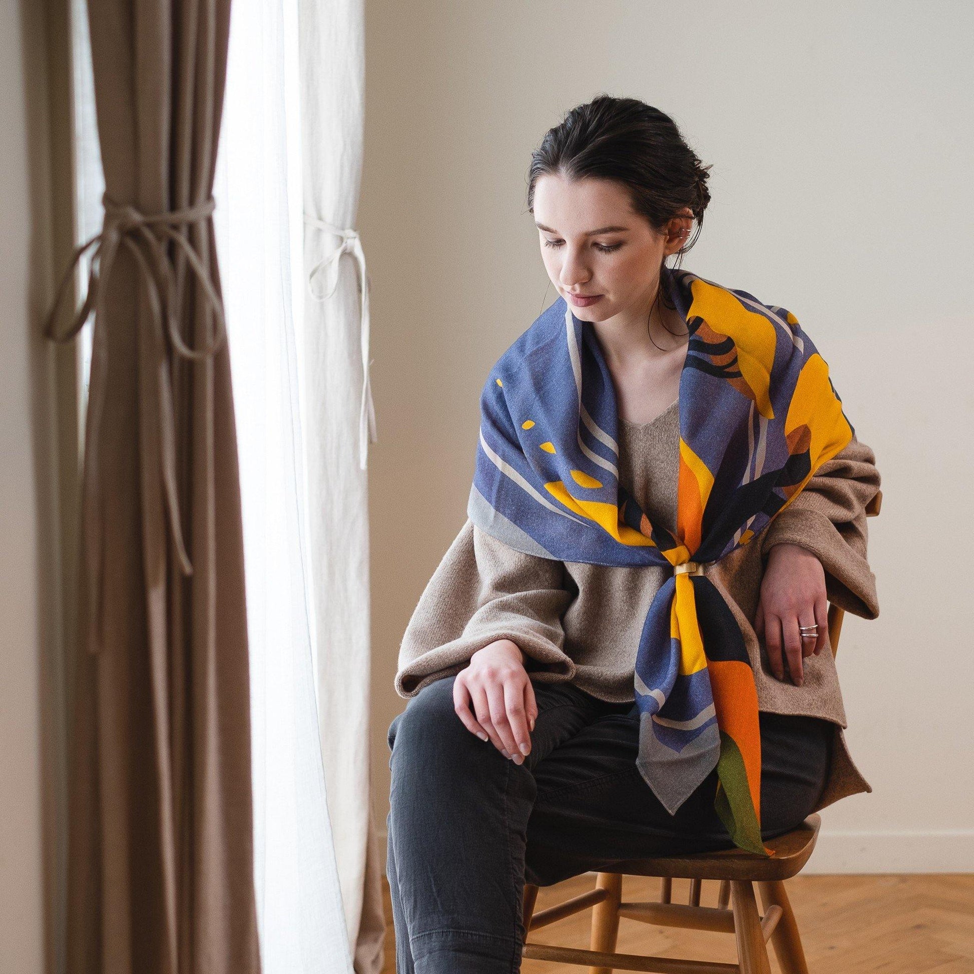 Japanese Merino Wool 'Autumn Winds' golden yellow 正方形スカーフ