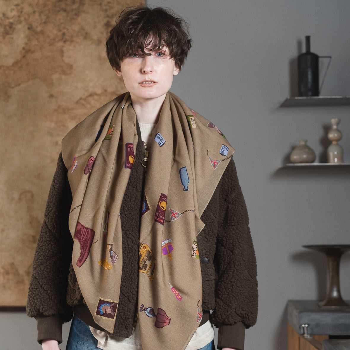 Japanese Merino Wool 'British Antique Fair' beige 正方形スカーフ