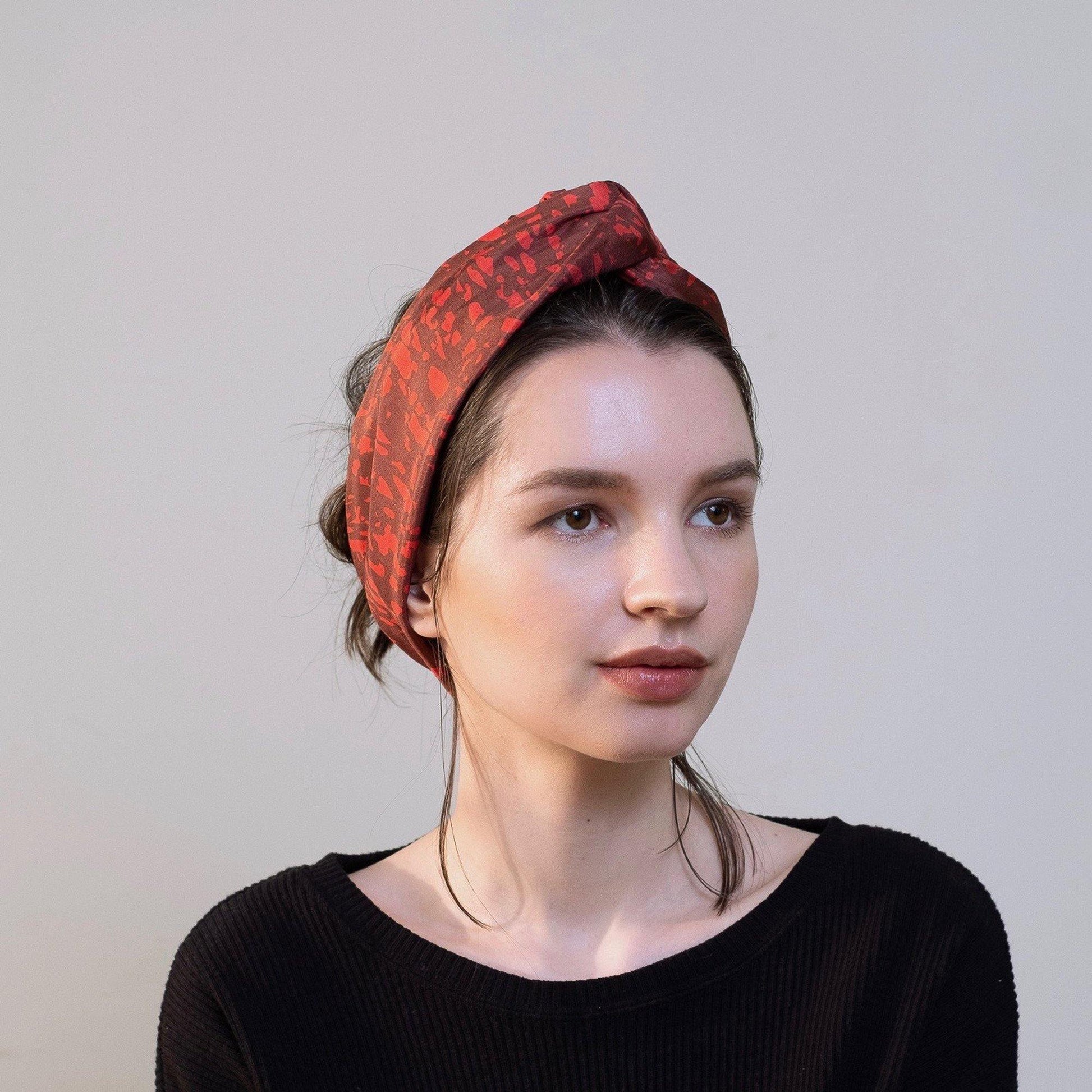 Japanese Printed Silk headband 'Unfinished' deep red ヘッドスカーフ