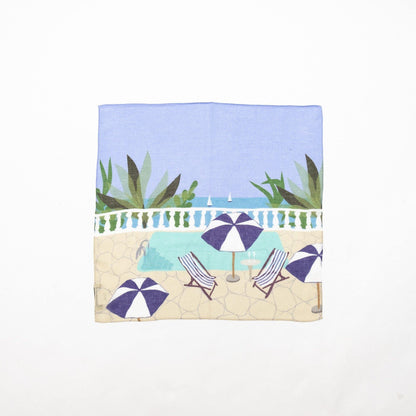Japanese Printed TAKEFU 'The French Riviera' sky blue スカーフリング付きミニスカーフ