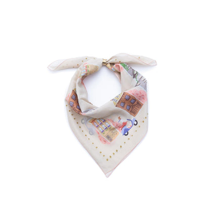 Japanese Printed Silk Cotton 'Via Rome' beige リング付きミニスカーフ