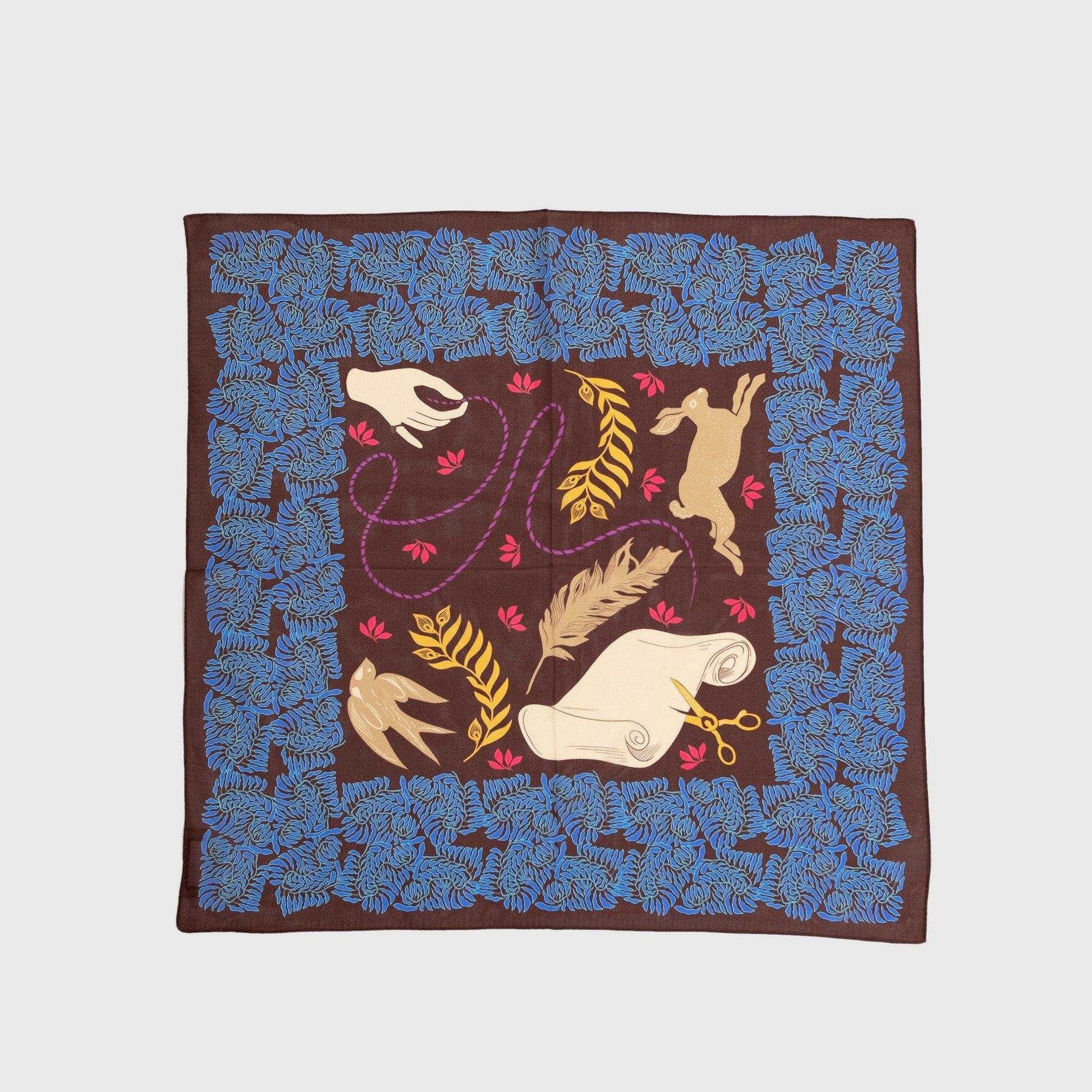 Japanese Printed Silk 'The Weaver's tale' dark brown 大判スカーフ