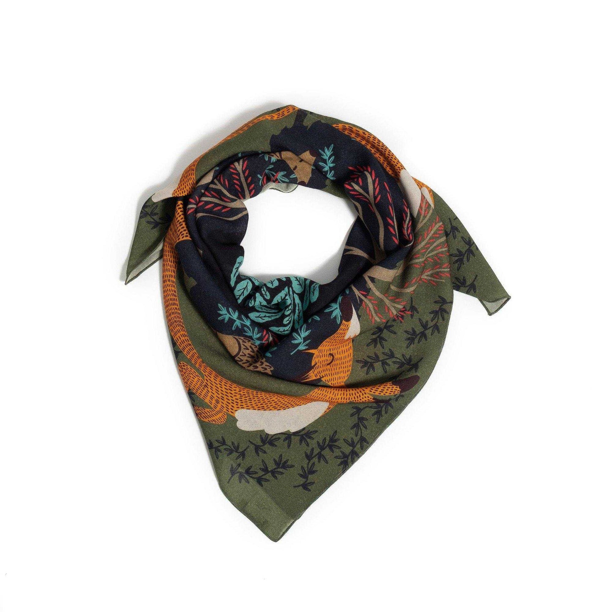 Japanese Merino Wool 'Fox Burrow' green  正方形スカーフ | YARN&COPPER