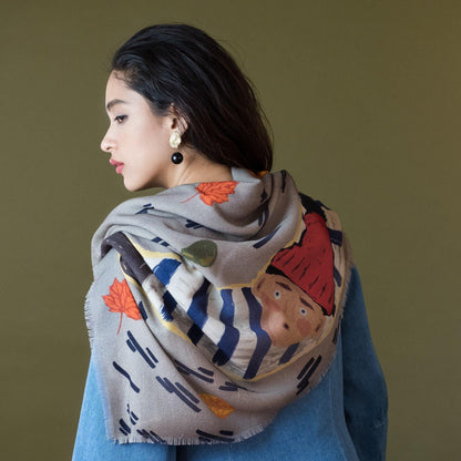 Japanese Merino Wool 'Another Windy Day' Grey 正方形スカーフ